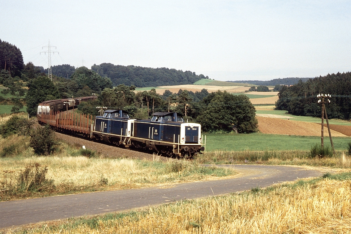 Üg 69003 mit 211 193 an der Spitze zwischen Wiesenfeld und Ernsthausen (Sommer 1987)