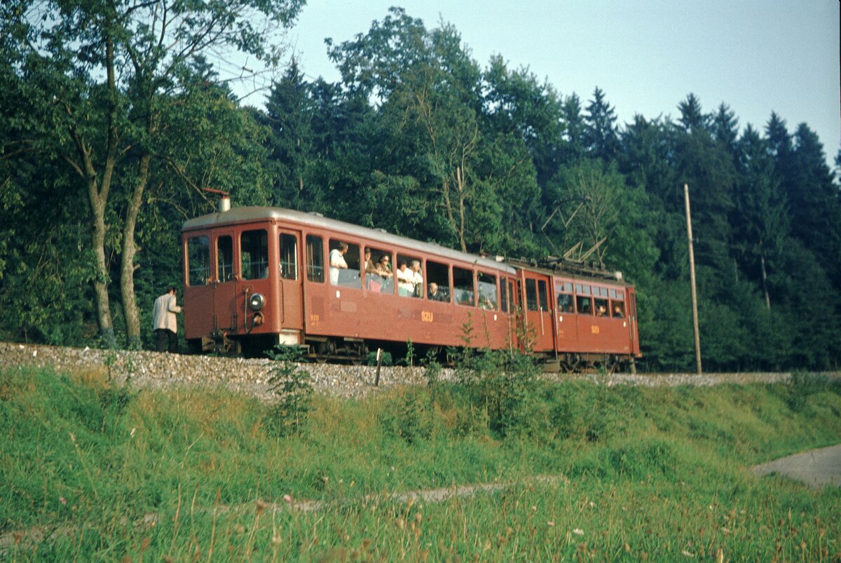 Uetlibergbahn Zürich__Uetliberg-Tram Ce 2/2 Nr.22 (ex Nr. 2) mit Bw Nr.213 (ex 63) anläßlich einer Sonderfahrt beim Fotohalt auf der Strecke.__14-09-1974 