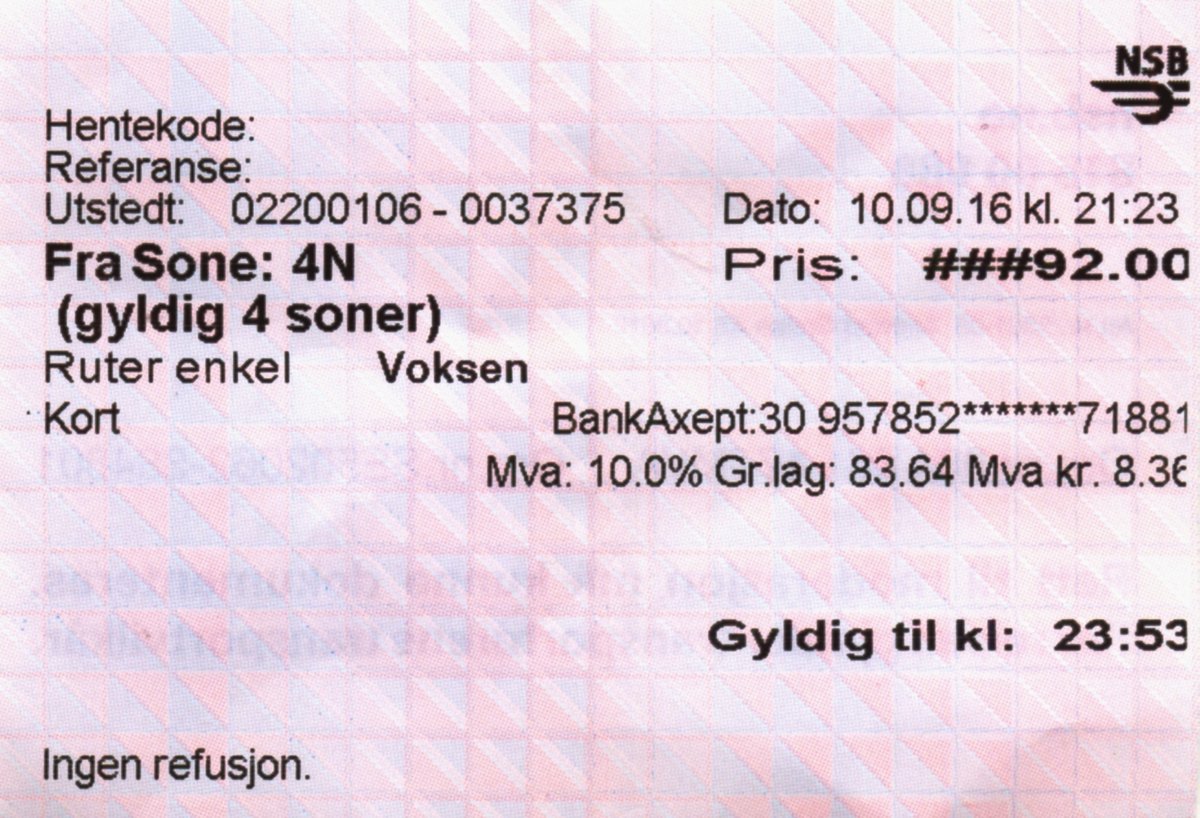 ULLENSAKER (Provinz Akershus), 10.09.2016, Fahrkarte für eine einfache Fahrt vom Bahnhof Oslo Lufthavn (Oslo Flughafen) nach Oslo Stadt für 92,-- NOK (knapp 9 EUR für ca. 50 km) -- Fahrkarte eingescannt