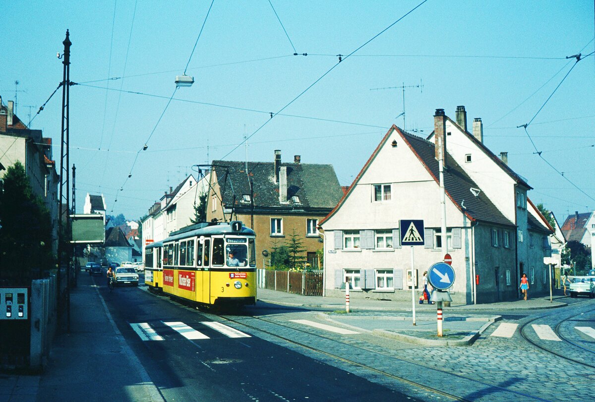 Ulm 08-09-1973 Linie 1 in Söflingen_mit Tw 3 (GRW4; ME 1958)