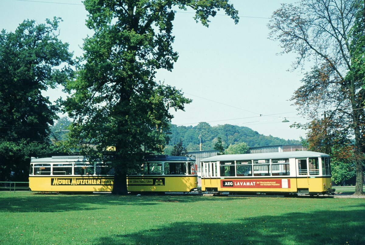 Ulm 08-09-1973_Schleife im Park nahe Donauhalle mit Tw 7 + Bw 59 = ex SSB 1297; Fuchs HD 1953; 1965 Vk an SWU; 1976 +