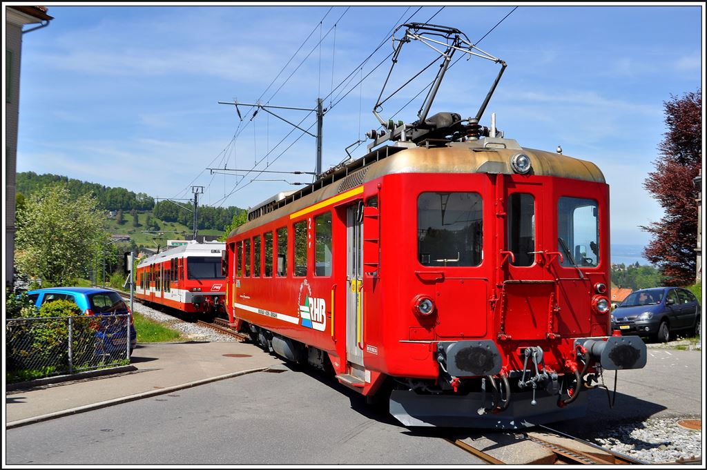 Um 14.00Uhr werden die Triebwagen wieder getauscht in Heiden. ABDeh 2/4 23 und BDeh 3/6 25. (05.05.2014)