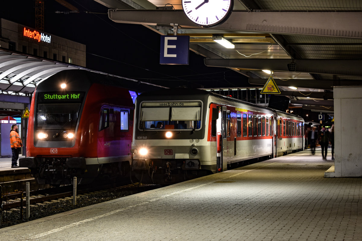 Um Fahrzeugmangel der RAB zu decken ist 628 540 derzeit leihweise bei der RAB in Ulm! Hier steht er als RE nach Crailsheim im Ulmer Hbf, April 2019