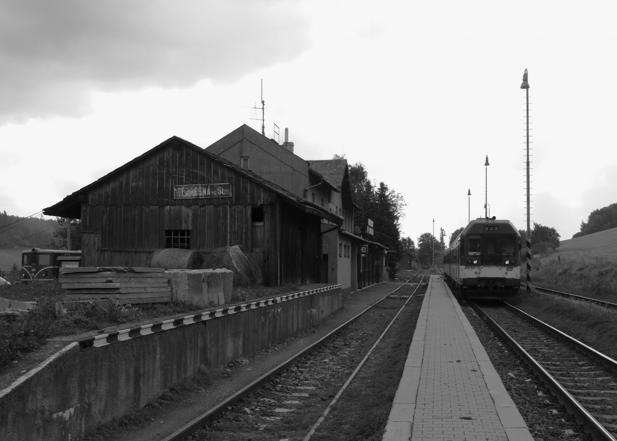 Umsteigeverbindung in Třemešná ve Slezsku (Röwersdorf) in Tschechisch-Schlesien.
Links vom Bahnhof steht die schmalspurige (760mm) Lok CD-705 914 um den Os20607 nach Osoblaha (Hotzenplotz) zu ziehen. Rechts hält gerade der normalspurige CD-843 028 der als Eilzug Sp1662 von Krnov nach Jesenik fährt.

2013-09-30 Třemešná ve Slezsku (Röwersdorf)