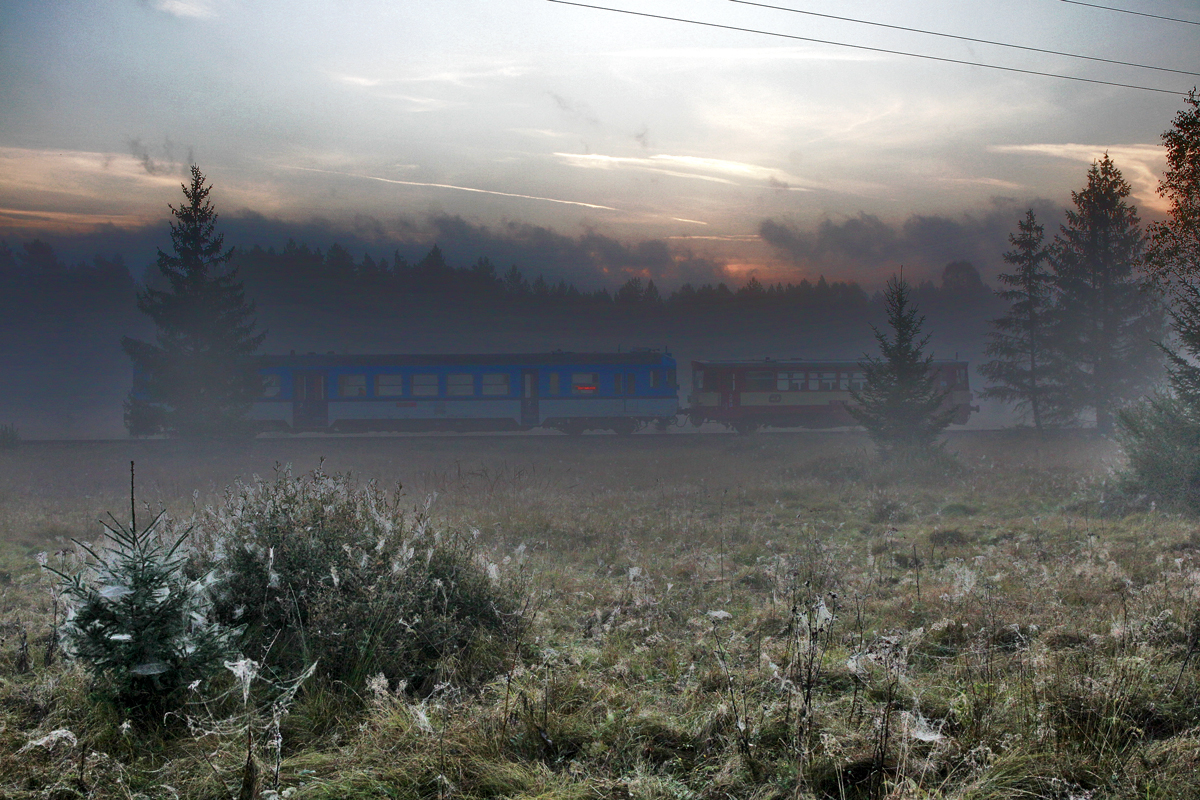 Unbekannt gebliebene Komposition BR 810 und 842 ist als OS 18071 in der Morgendämmerung bei feinem Bodennebel in den Sümpfen von Dobrá unterwegs nach Stožec.Akkustisch untermalt wird die Szenerie durch die zahlreich meldenden Hirschstiere aus allen Richtungen.Bild 16.9.2014