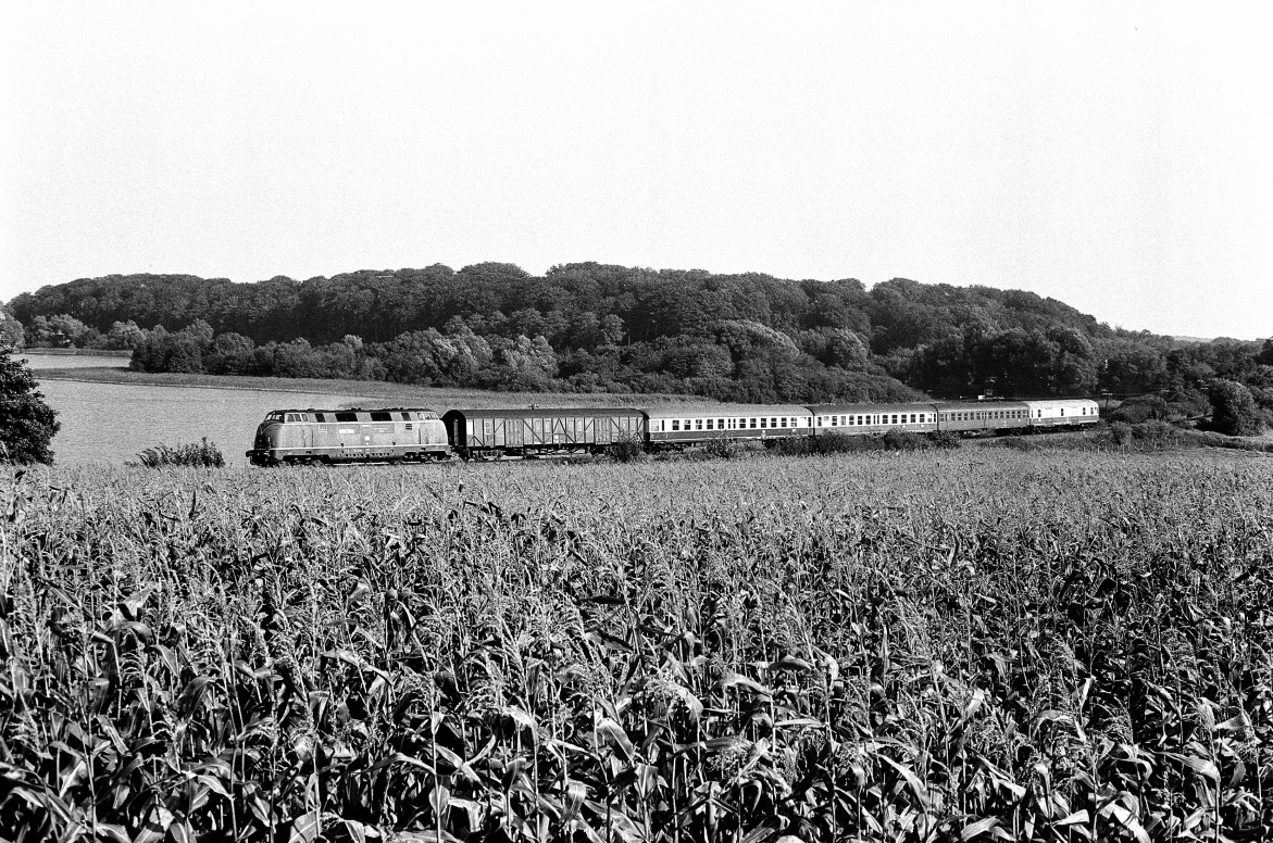 Unbekannte 220 mit Eilzug nach Kiel am 11.8.1983 zwischen Plön und Ascheberg.