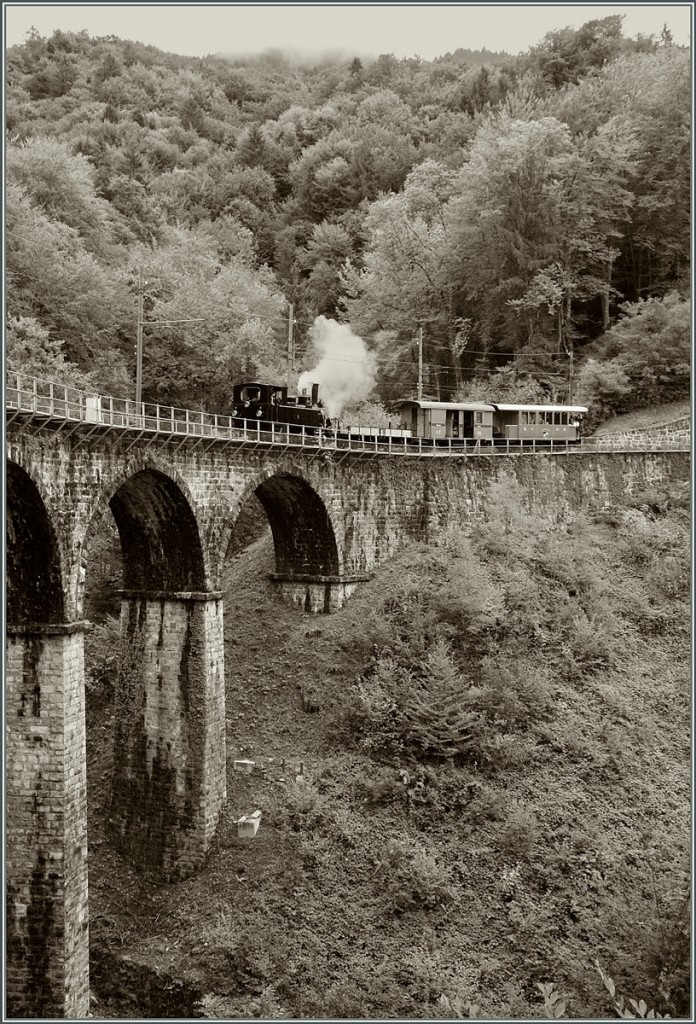 Und auch der kurze Dampfzug nach Blonay f�hrt neben dem Zweitklass- und kombinierten Post/Gep�ck-Wagen noch einen MOB G�terwagen mit.
Bei  Vers chez Robert /Viadukt Baie de Clarens am 6. Okt. 2013