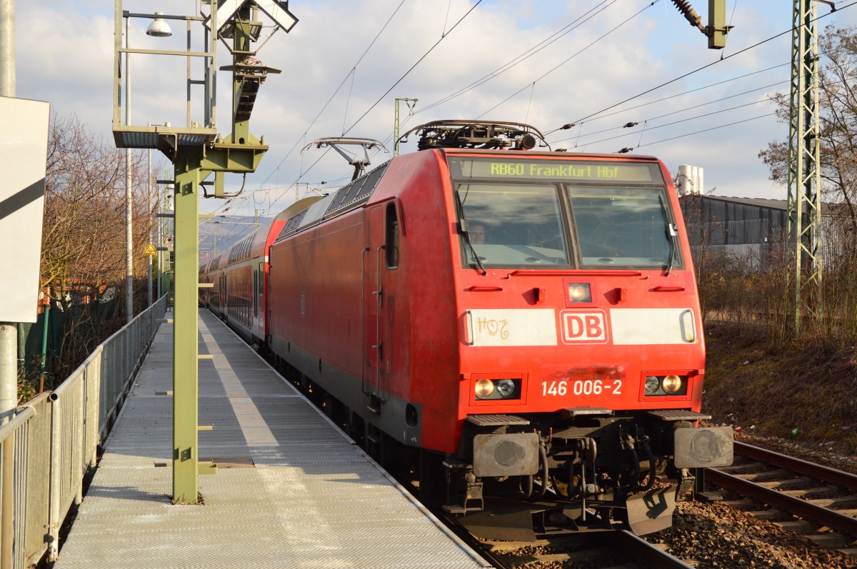 Und die nächste EX-NRW Lok! 
Hier ist mir auch die 146 006-2 mit einem RB 60 nach Frankfurt/Main in HD-Pfaffengrund/Wieblingen vor die Linse gefahren.
Sonntag den 13.3.2016