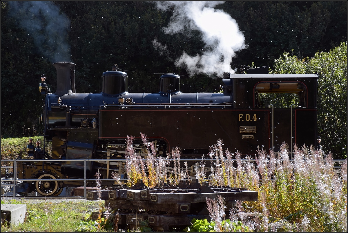 Unerwartete Begegnung in Gletsch. FO HGe 3/4 4 wartet auf der Drehscheibe auf den Zug, der am Nachmittag aus Oberwald Richtung Realp fahren wird. Die harten Lichtkontraste im Hochgebirge bringen eine ganz eigene Stimmung mit sich. September 2018.