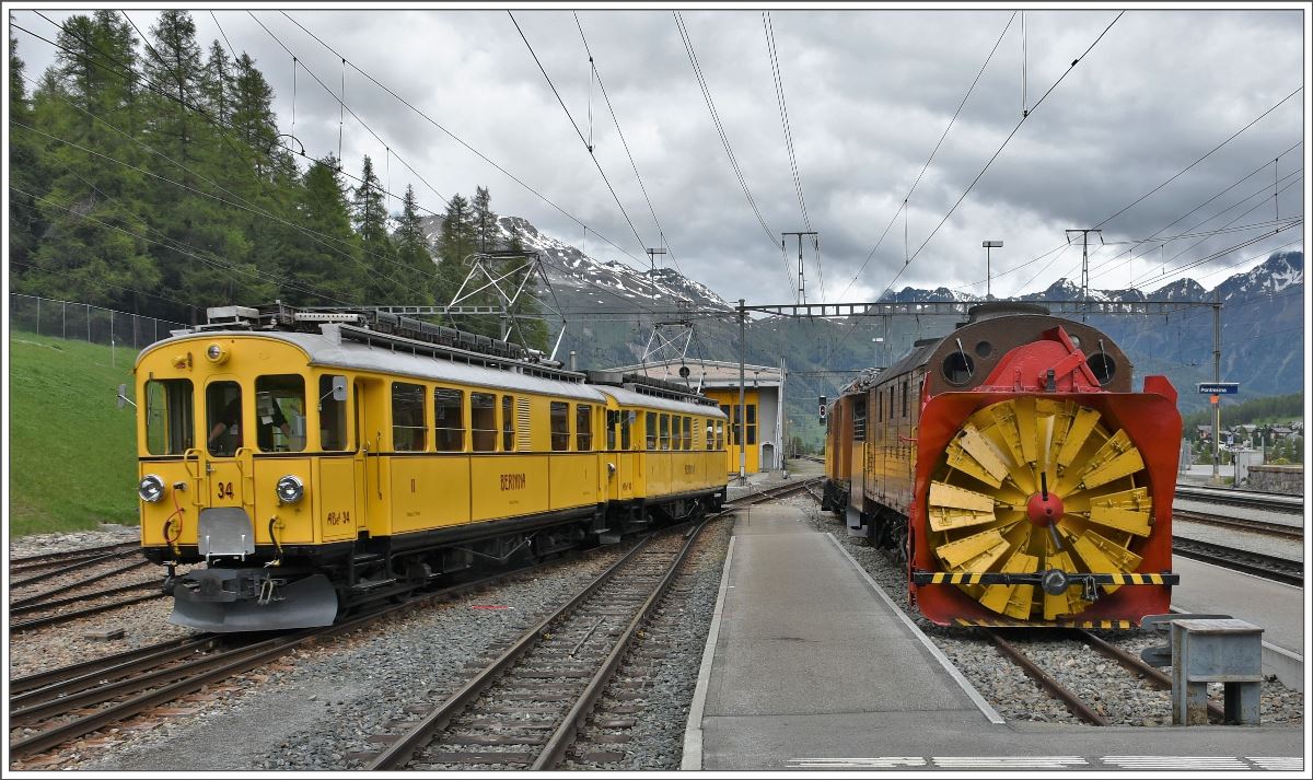 UNESCO Welterbetag bei der RhB. Die beiden ABe 4/4 I 34 und 30 sind auch im Einsatz und posieren neben der Xrot d 9213 in Pontresina. (12.06.2016)