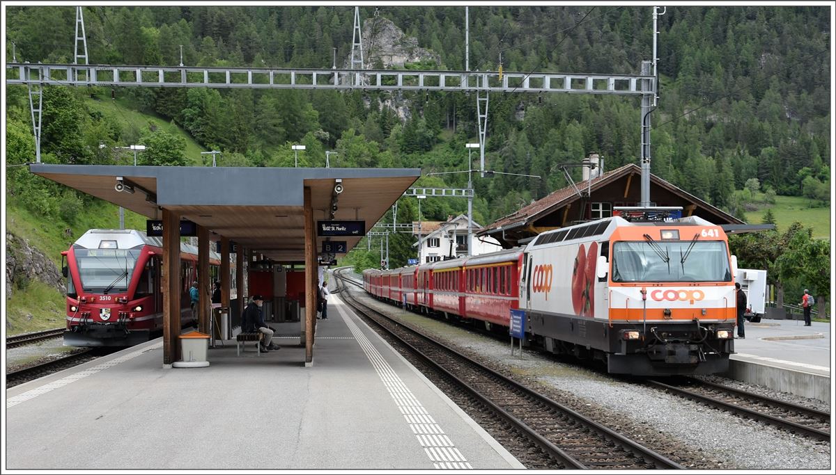 UNESCO Welterbetag bei der RhB. R1840 mit ABe 8/12 3510 nach Davos und RE1152 mit Ge 4/4 III 641  Maienfeld  nach Chur in Filisur. (12.06.2016)