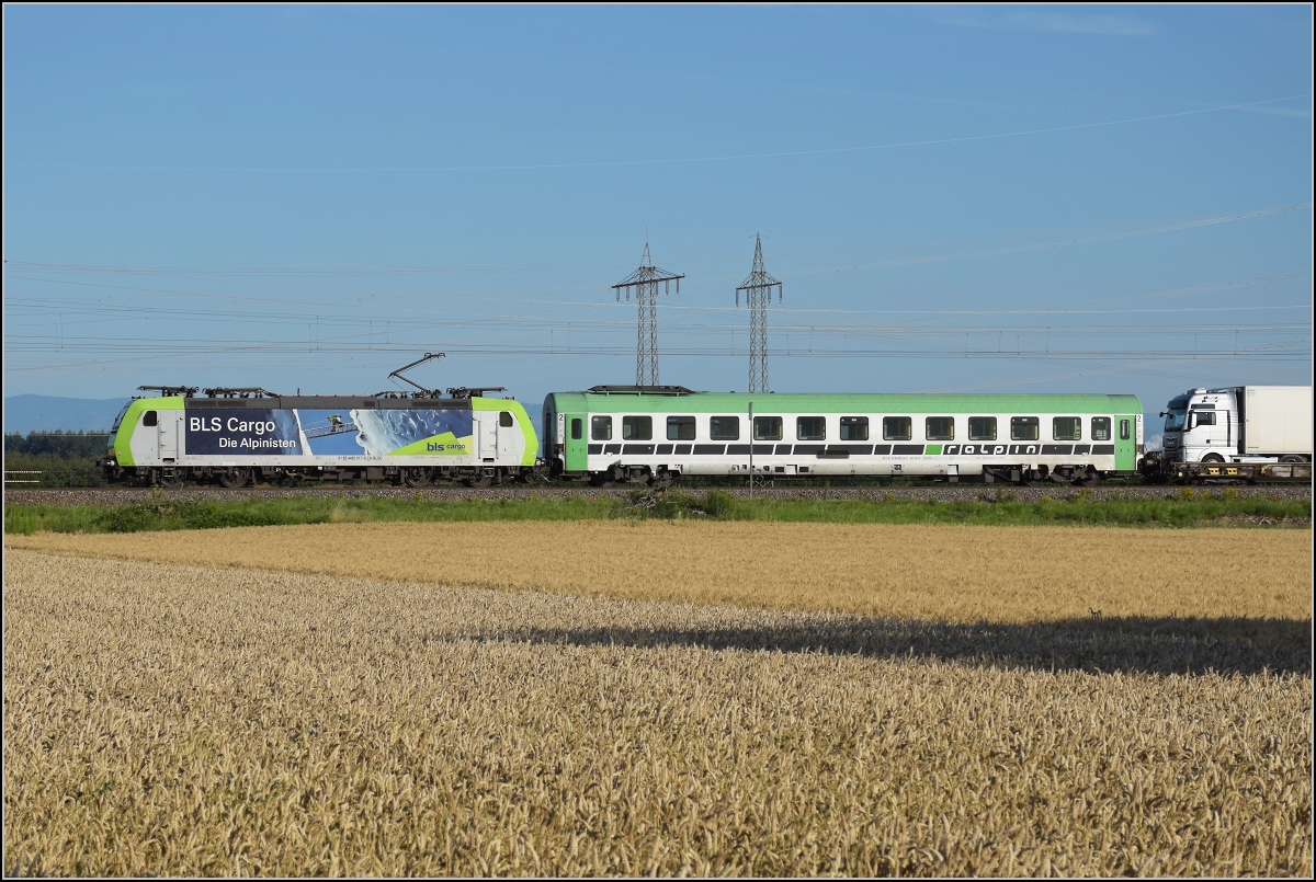 Unter dem gestrengen Blick des Osterhasen...

Im Juli 2020 war die Rola noch fest in der Hand der Traxx AC1. Re 485 017-8 der BLS zieht eine RoLA bei Auggen gen Italien.