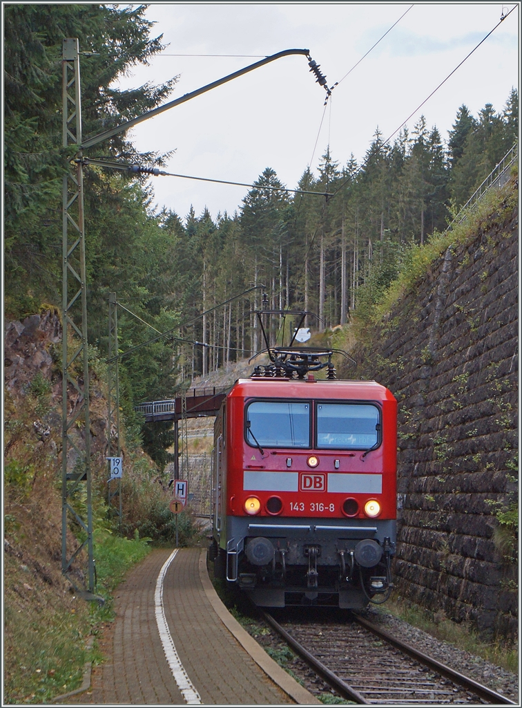 Unter einem alten Fahrleitungsmast erreicht die 143 316-8 mit einer RB von Freiburg i.B ihr Ziel Seebrugg. 
14. Sept. 2015