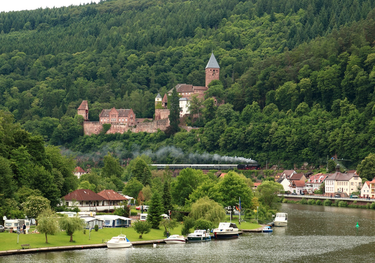 Unterhalb Burg Zwingenberg ist 01 202 am 30.05.2014 mit einem Sonderzug von Neustadt/Weinstraße nach Heilbronn unterwegs