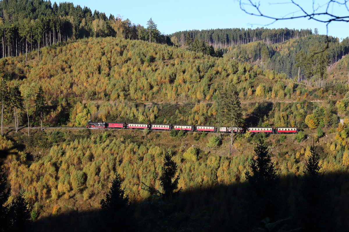 Unterhalb vom Elversstein fotografierte ich den ersten Zug zum Brocken, P8931 mit 99 7247, der gerade den Tunnel verlassen hat.

Elversstein, 15. Oktober 2017