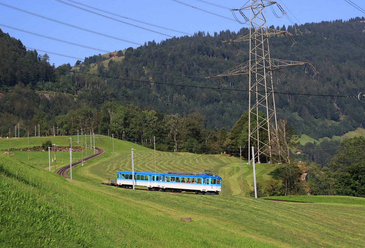Unterhalb Kräbel kommt der Arth Rigi Bahn Pendelzug Triebwagen 13 (1954) mit Steuerwagen 23 (1960) und Güterwagen 69 herunter. 21.August 2021 