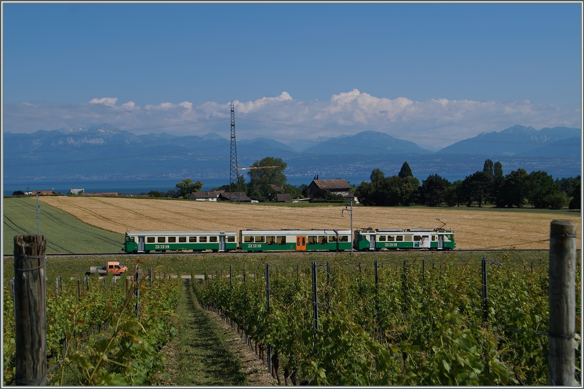 Unweit von Vufflens le Château konnte ich den BAM Regionazug 128 von Morges nach Bière fotografieren. Im Hintergrund ist knapp der Genfersee zu erkennen, dahinter die  Französischen Alpen.
16. Juni 2014