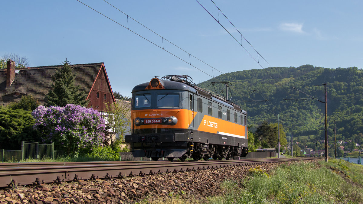Usti nad Labem am 5. Mai 2018. Die private 150 514-0 (eigentlich 182 087-7) macht sich gut vor der Linse. Leider ohne Zug. 