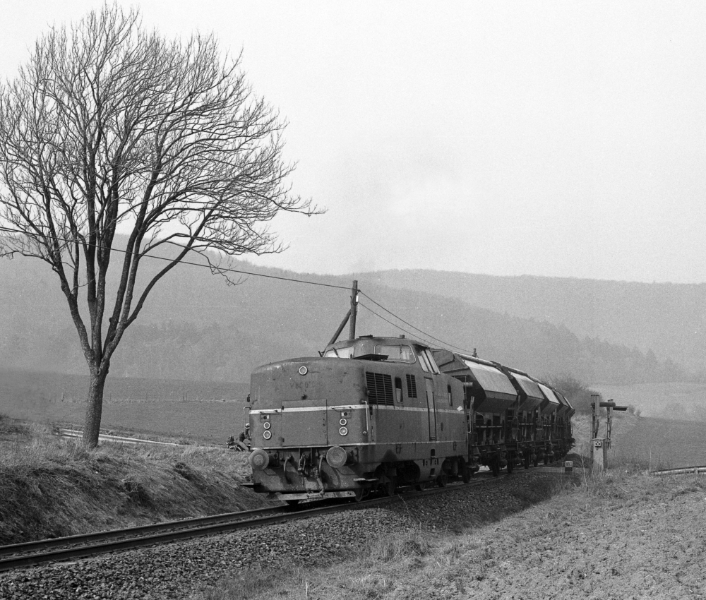 V 31 der Hersfelder Kreisbahn oberhalb Ransbach (3.4.1981).