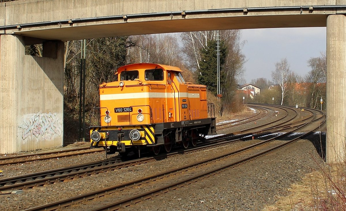 V 60 1264 (345 119-2) der (RIS: Regio Infra Service Sachsen GmbH) zu sehen am 28.02.18 in Marktredwitz unter der Straßenbrücke.