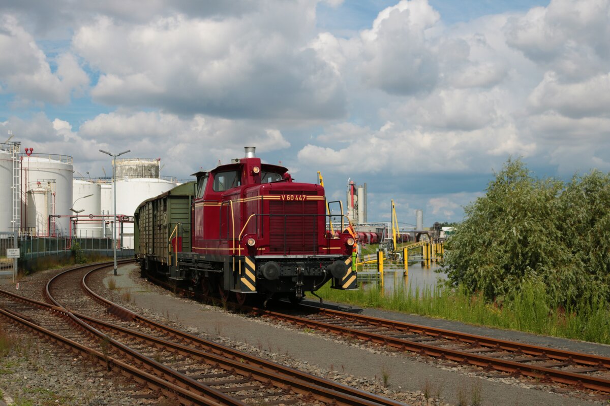 V60 447 mit Sonderzug am 01.08.21 im Hanauer Hafen von einen Gehweg aus fotografiert