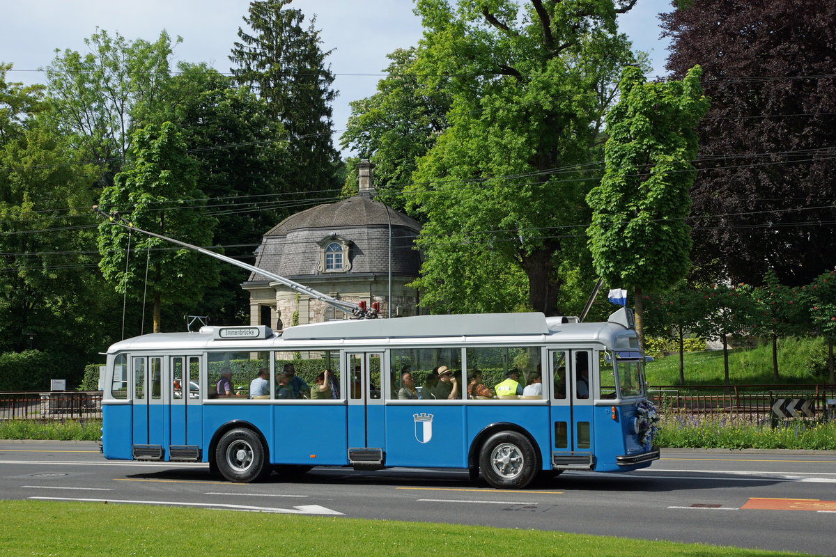 VBL: Zum Jubiläumsfest 75 Jahre Trolleybus in Luzern vom 20. bis 22. Mai 2016, verkehrte erstmals der frisch renovierte ehemalige  Päcklibus  auf dem Liniennetz der VBL. Am 21. Mai wurde er beim Verkehrshaus auf voller Fahrt und erst noch ohne Autos verewigt. Da die Trolleybusse dem Schweizerischen Eisenbahngesetz unterstellt sind, können sie auch unter den Bahnen eingestellt werden. Bei Luzern handelt es sich sogar um einen Nachfolgebetrieb der eingestellten Strassenbahn. Weitere Bilder zu diesem besonderen Anlass werden auch noch unter der Rubrik Busse eingestellt.
Foto: Walter Ruetsch