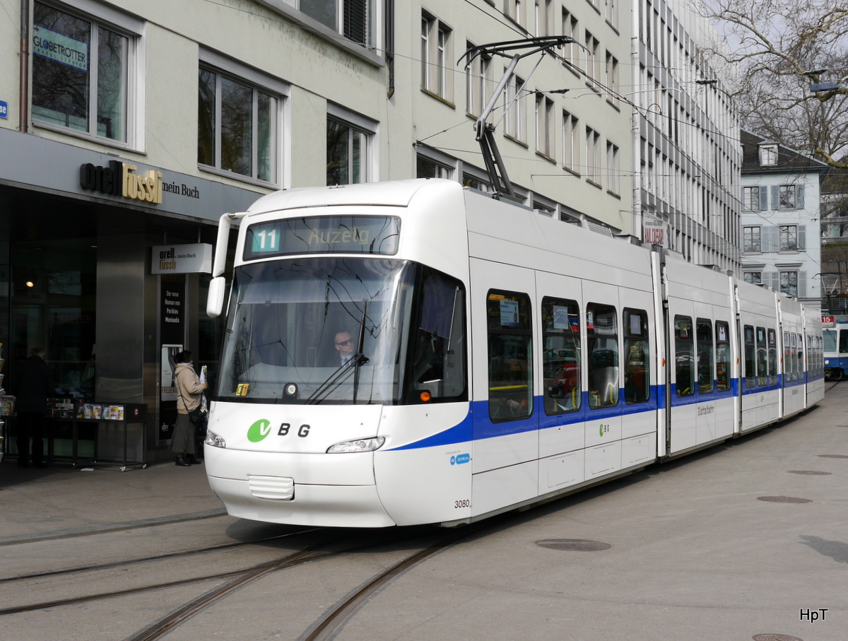 VBZ / VBG - Tram Be 5/6 3080 unterwegs auf der Linie 11 in der Stadt Zürich am 11.03.2016