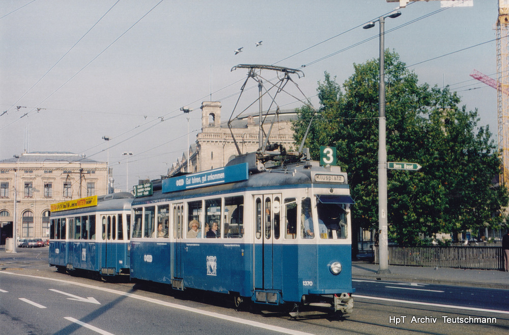 VBZ - Be 4/4  1370 unterwegs auf der Linie 3 im Mai 1992 .. Archiv Teutschmann