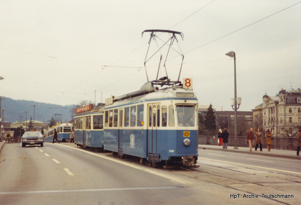 VBZ - Be 4/4 1399 mit Beiwagen B 719 unterwegs auf der Linie 8 am 12.11.1973 .. Archiv Teutschmann