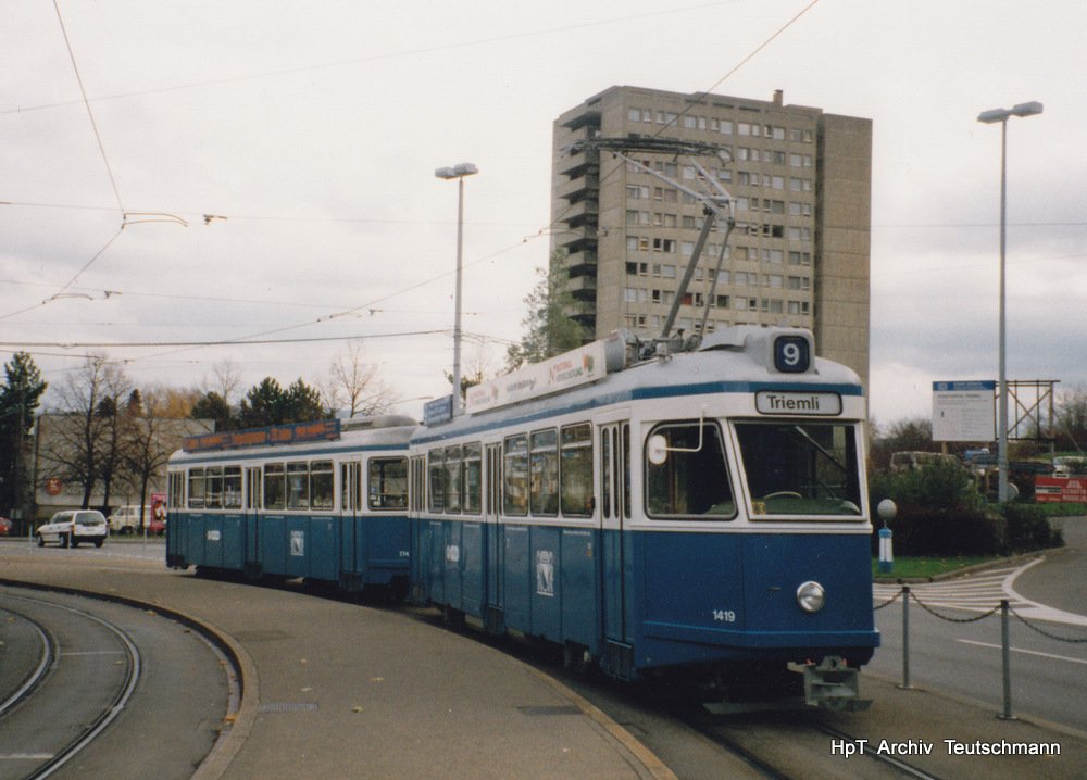 VBZ - Be 4/4 1419 mit Beiwagen unterwegs auf der Linie 9 am 16.11.1994 .. Archiv Teutschmann