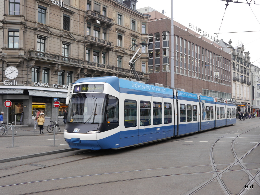 VBZ - Be 5/6  3001 unterwegs auf der Linie 4 in der Stadt Zürich am 24.01.2015