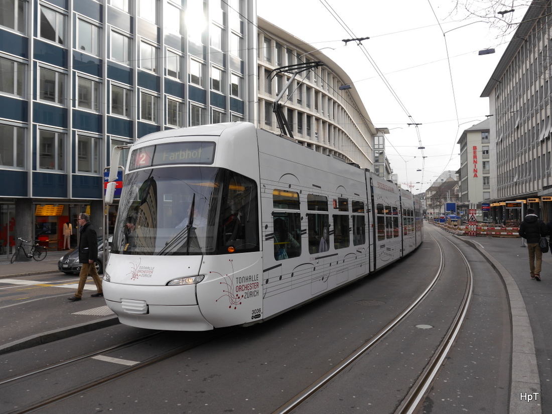 VBZ - Be 5/6  3036 unterwegs auf der Linie 2 in der Stadt Zürich am 24.01.2015