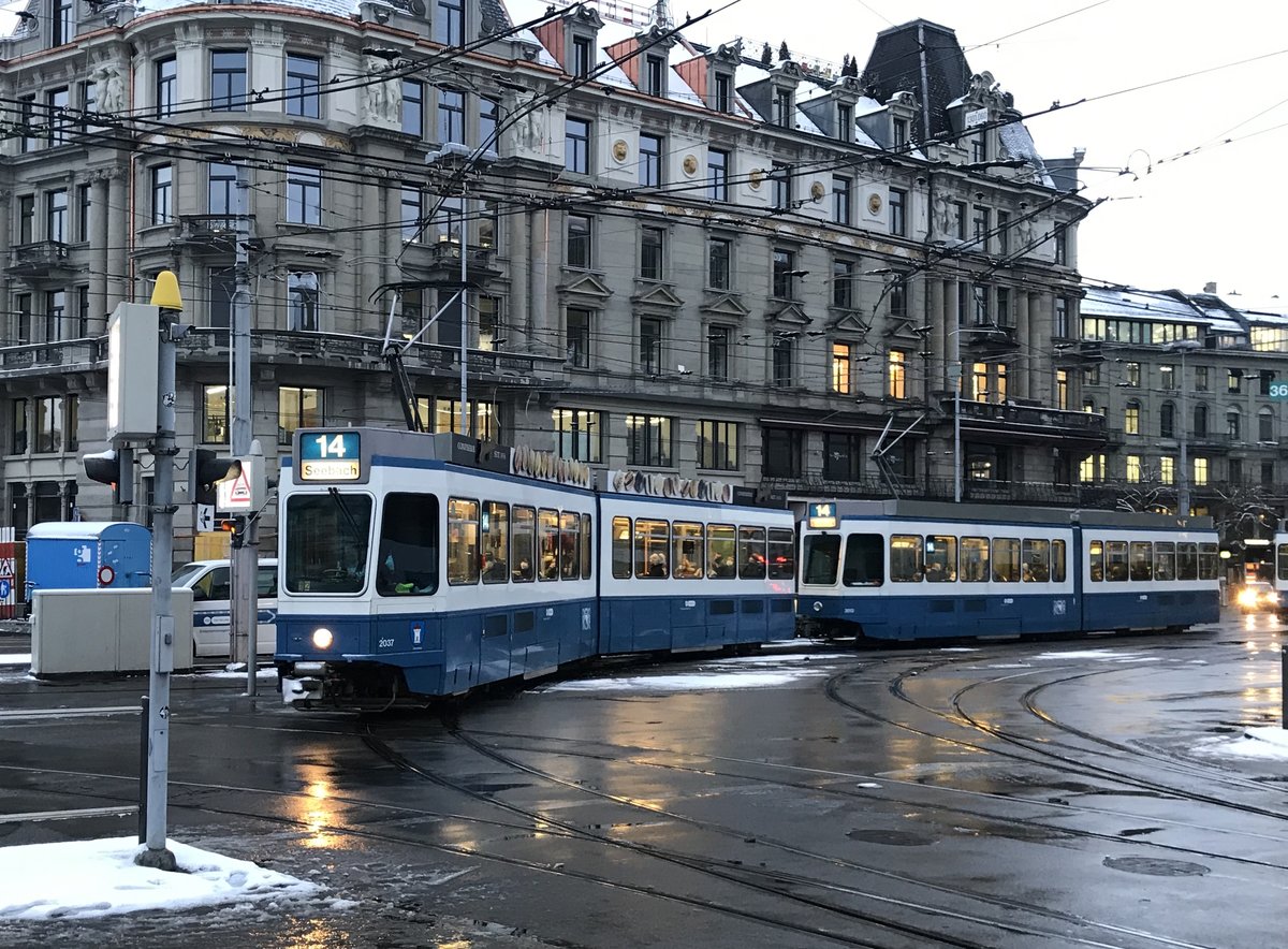 VBZ Linie 14 Wagennummer 2037 „Oberstrass“ beim Bahnhofquai. Datum: 22. 1. 2021