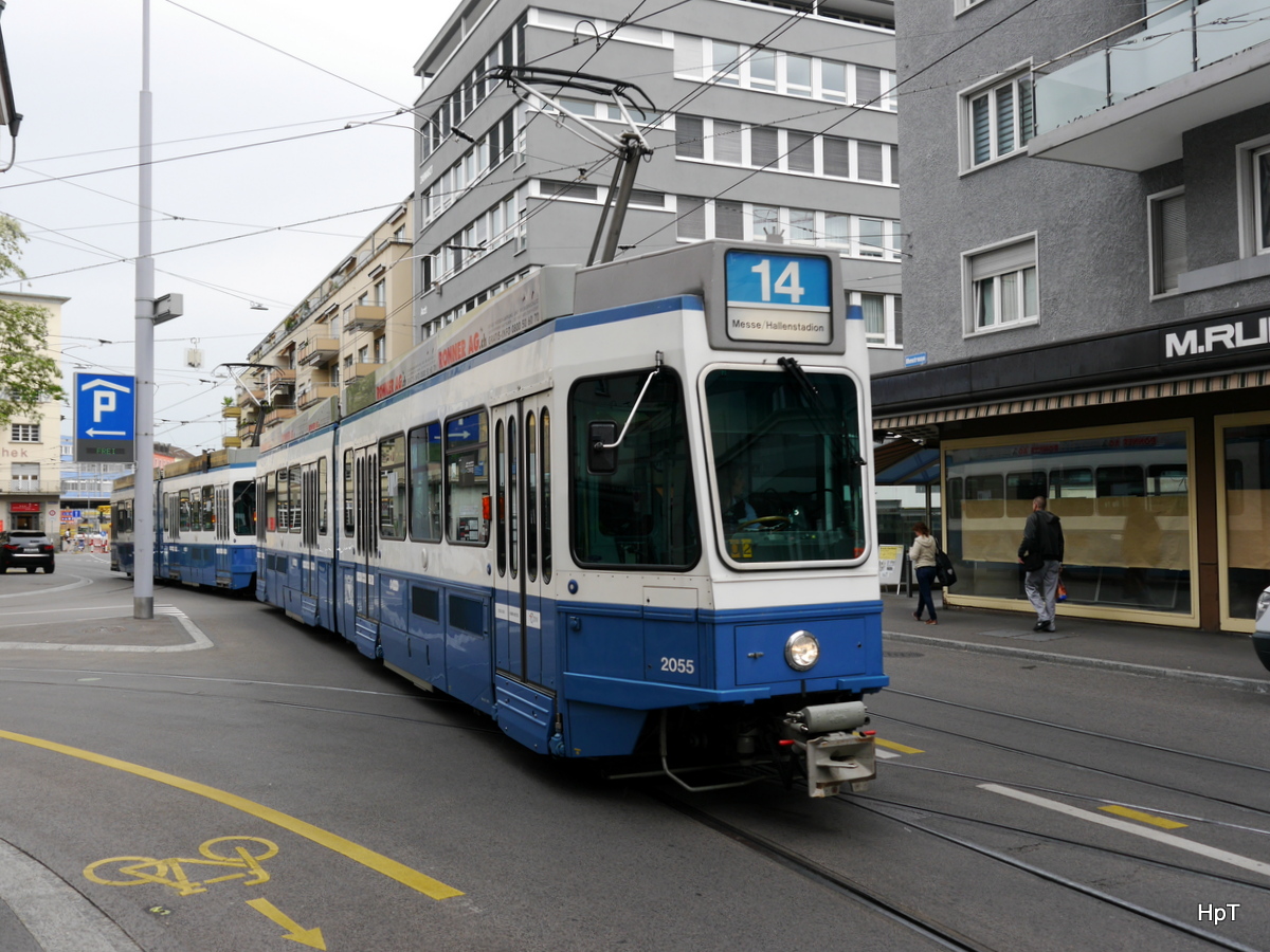 VBZ - Tram Be 4/6 2055 unterwegs auf der Linie 14 in Oerlikon am 28.05.2016
