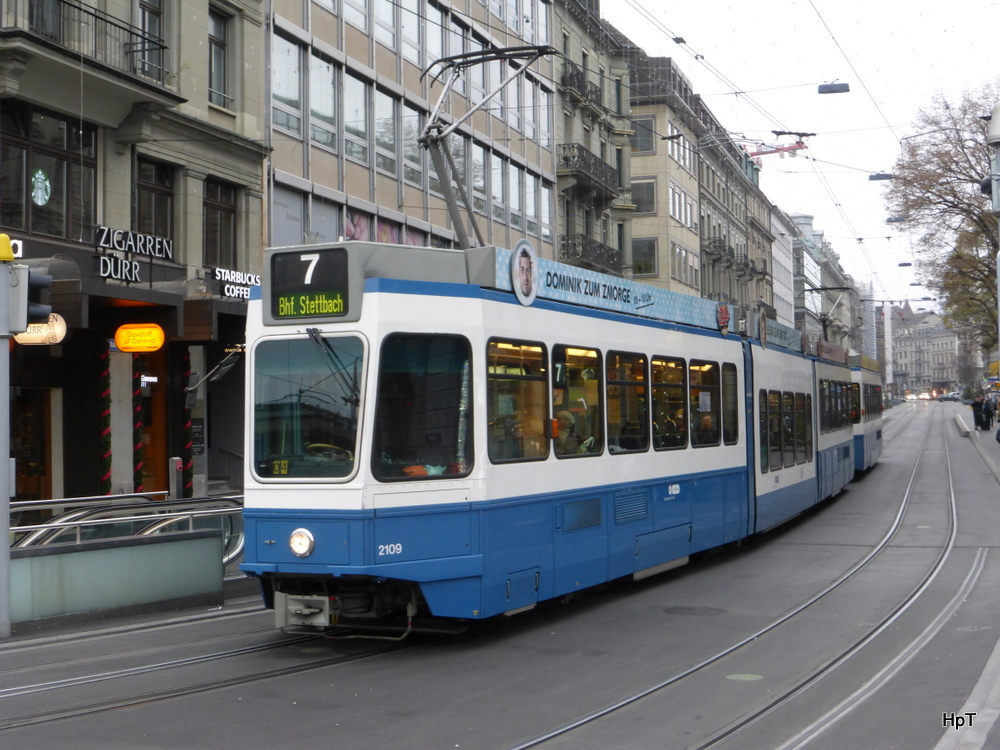VBZ - Tram Be 4/8 2109 unterwegs auf der Linie 7 am 30.11.2014