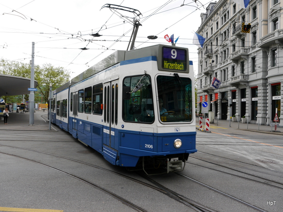 VBZ - Tram Be 4/8 2106 unterwegs auf der Linie 9 in der Stadt Zürich am 05.05.2015