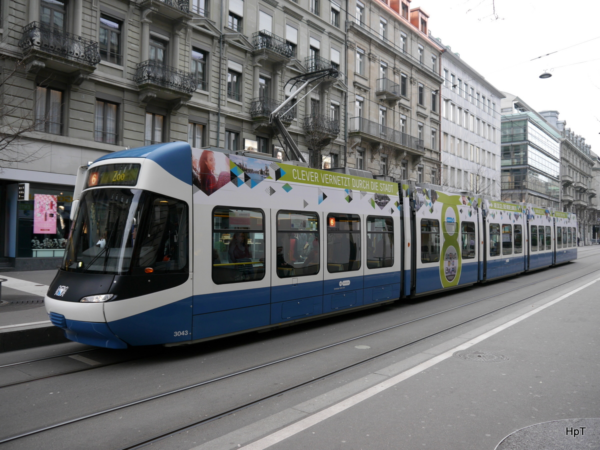 VBZ - Tram Be 5/6 3043 unterwegs auf der Linie 6 in der Stadt Zürich am 28.01.2018