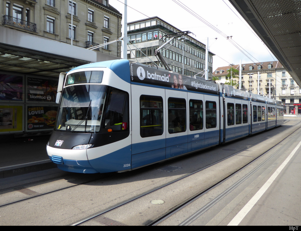 VBZ - Tram Be 5.6  3024 unterwegs in der Stadt Zürich am 26.07.2020