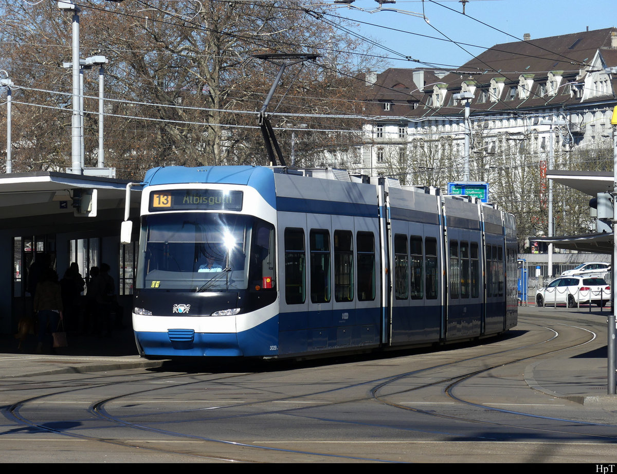 VBZ - Tram Be 5/6 3029 unterwegs auf der Linie 13 in Zürich am 21.02.2021