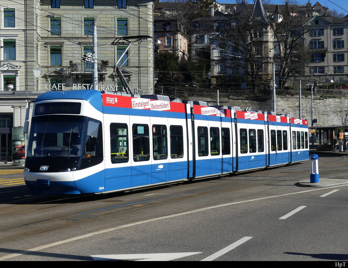 VBZ - Tram Be 5/6 3040 unterwegs auf der Linie 6 in Zürich am 21.02.2021