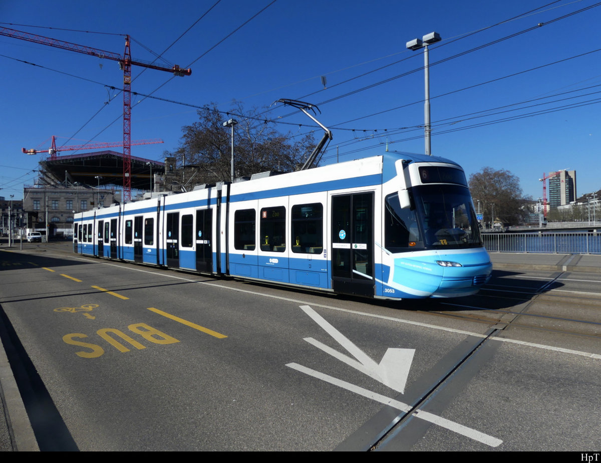VBZ - Tram Be 5/6  3053 unterwegs auf der Linie 6 in Zürich am 21.02.2021