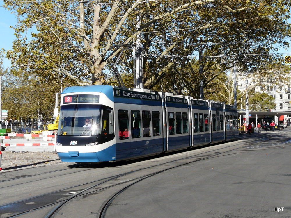 VBZ - Tram Be 5/6 3012 unterwegs auf der Linie 2 in Zürich am 17.10.2013