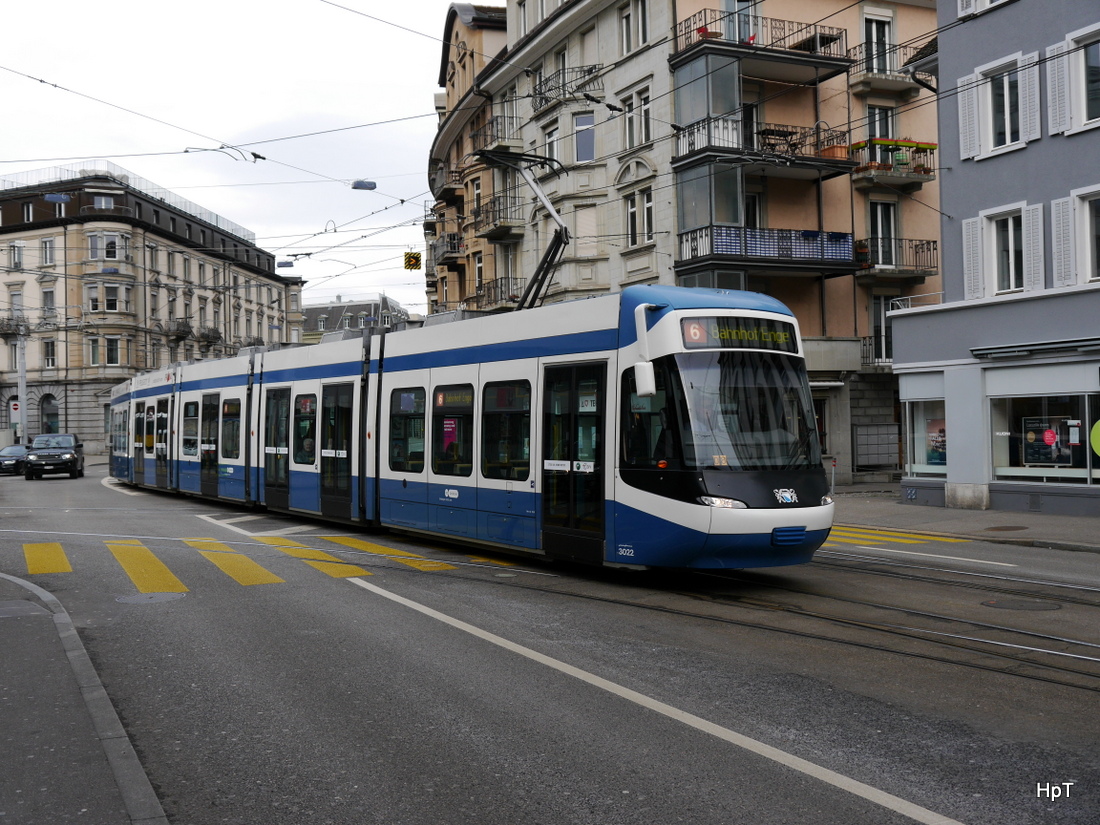 VBZ - Tram Be 5/6 3022 unterwegs auf der Linie 6 in Zürich am 31.01.2015