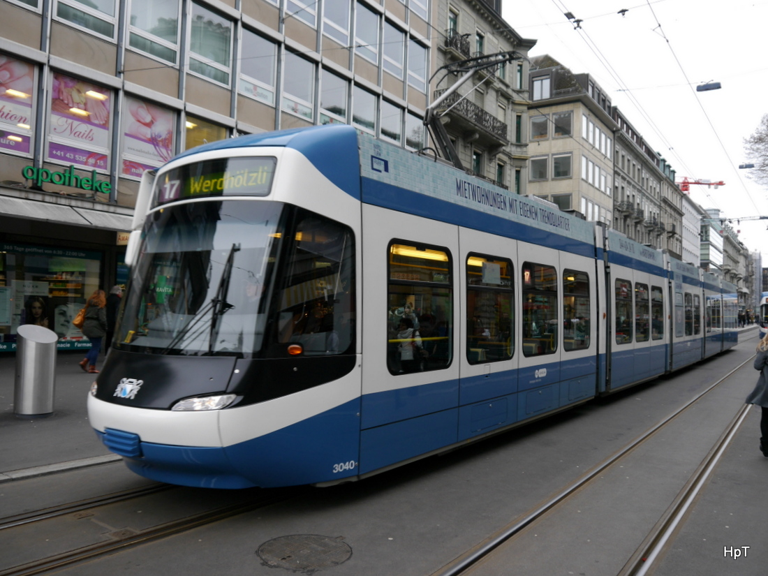 VBZ - Tram Be 5/6 3040 unterwegs auf der Linie 17 in Zürich am 31.01.2015