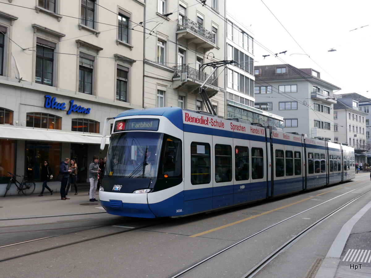 VBZ - Tram Be 5/6 3038 unterwegs auf der Linie 2 in der Stadt Zürich am 11.03.2016