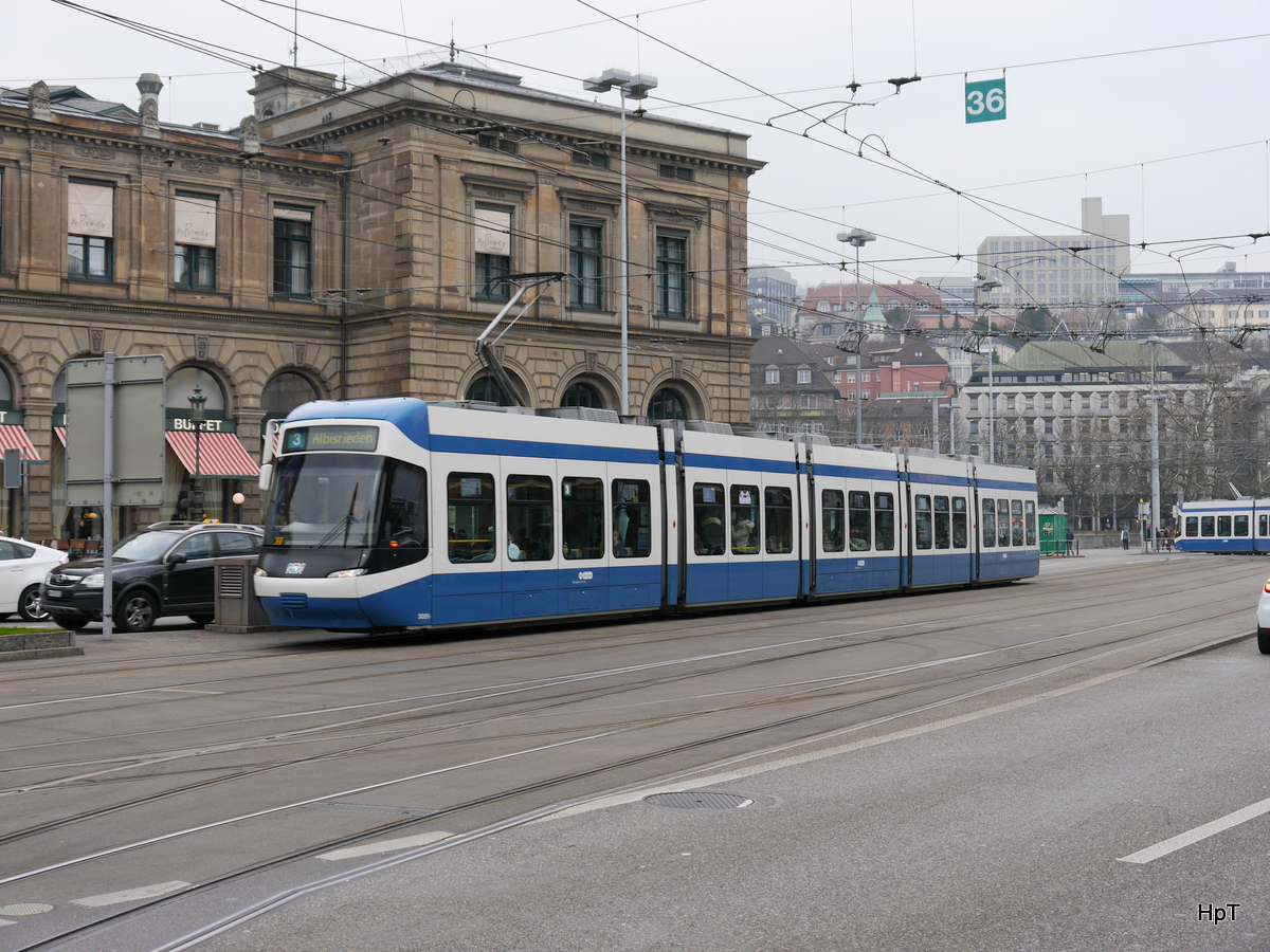 VBZ - Tram Be 5/6 3051 unterwegs auf der Linie 3 in der Stadt Zürich am 11.03.2016