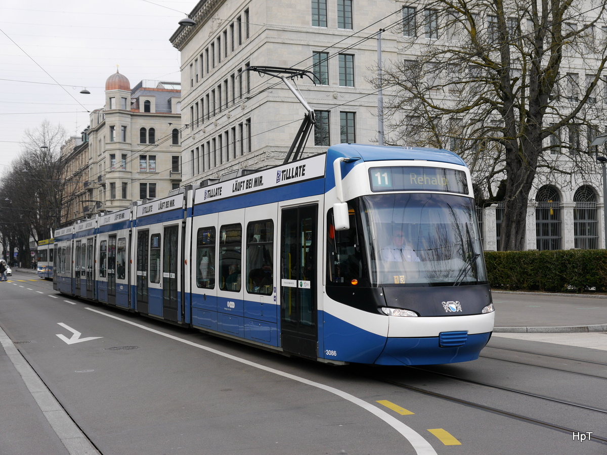 VBZ - Tram Be 5/6 3086 unterwegs auf der Linie 11 in der Stadt Zürich am 11.03.2016