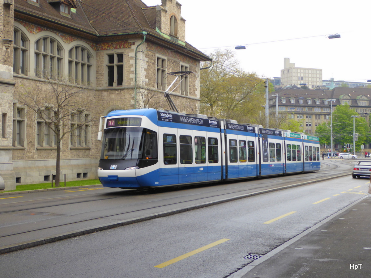 VBZ - Tram Be 5/6 3001 unterwegs auf der Linie 17 in Zürich am 23.04.2016
