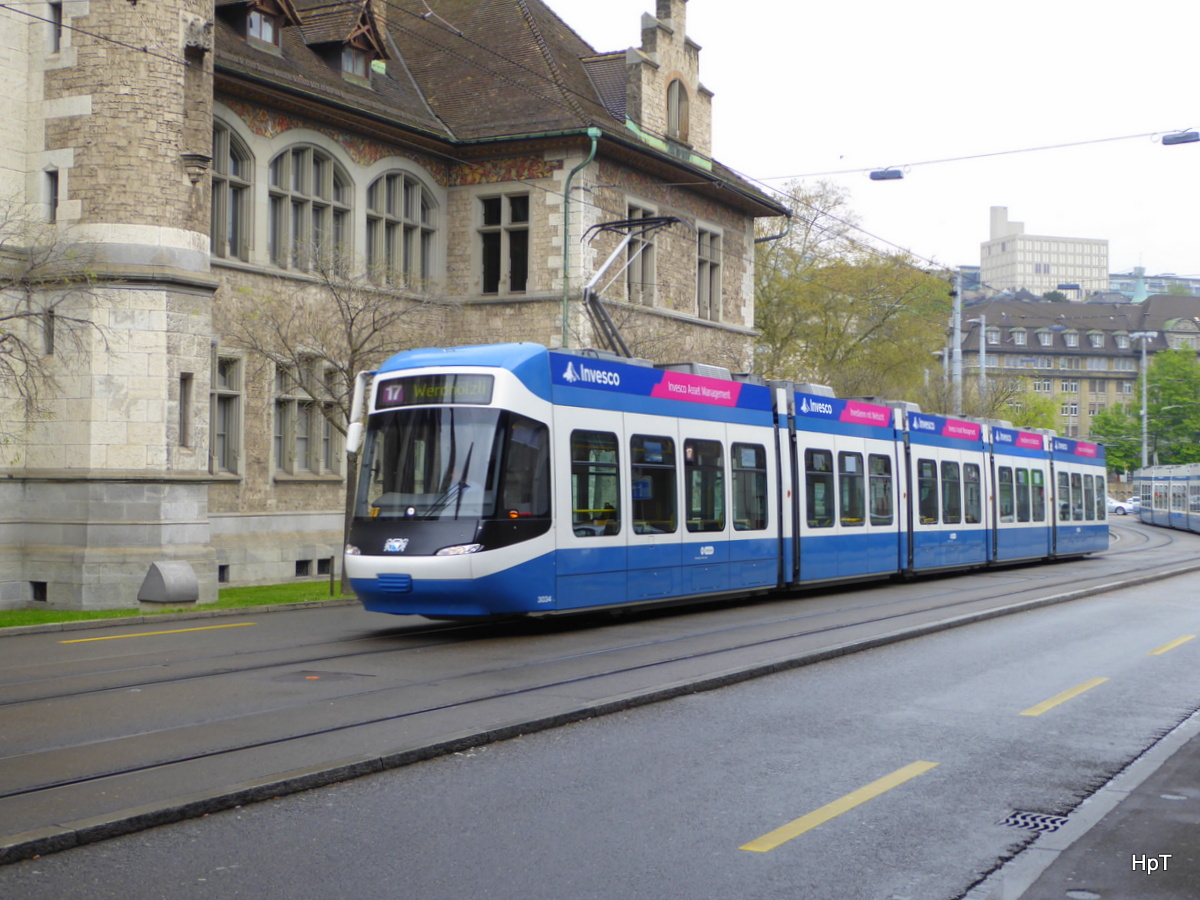 VBZ - Tram Be 5/6 3034 unterwegs auf der Linie 17 in Zürich am 23.04.2016