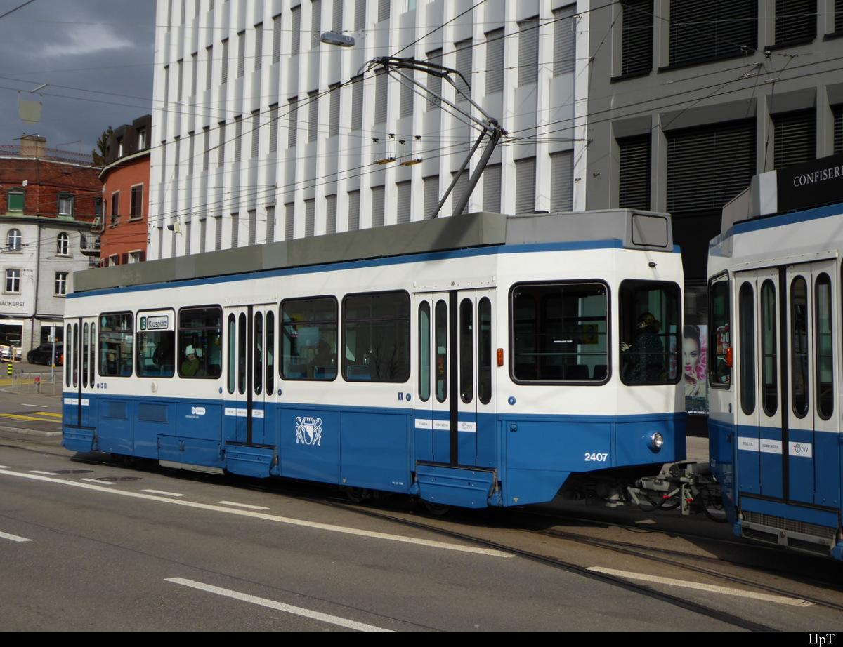 VBZ - Trambeiwagen Be 2/4 2407 unterwegs auf der Linie 3 in Zürich am 29.02.2020